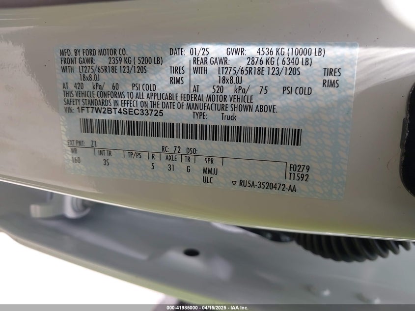 2025 FORD F250 VIN: 1FT7W2BT4SEC33725