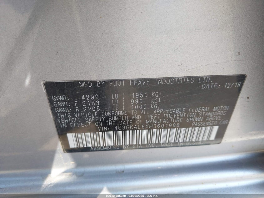 2017 SUBARU IMPREZA VIN: 4S3GKAL6XH3601988