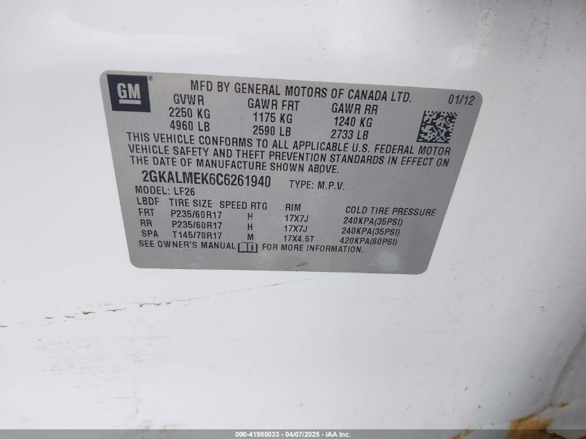 2012 GMC Terrain Sle-1 VIN: 2GKALMEK6C6261940 Lot: 41985033