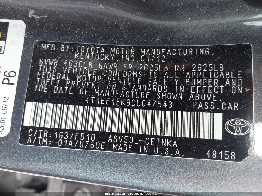 2012 TOYOTA CAMRY VIN: 4T1BF1FK9CU047543