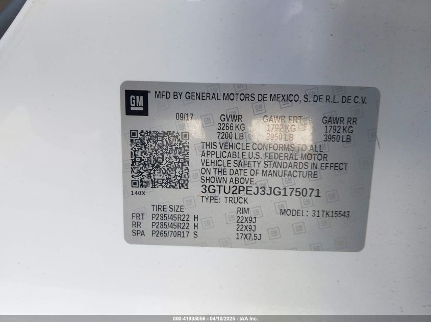 2018 GMC Sierra 1500 Denali VIN: 3GTU2PEJ3JG175071 Lot: 41985056