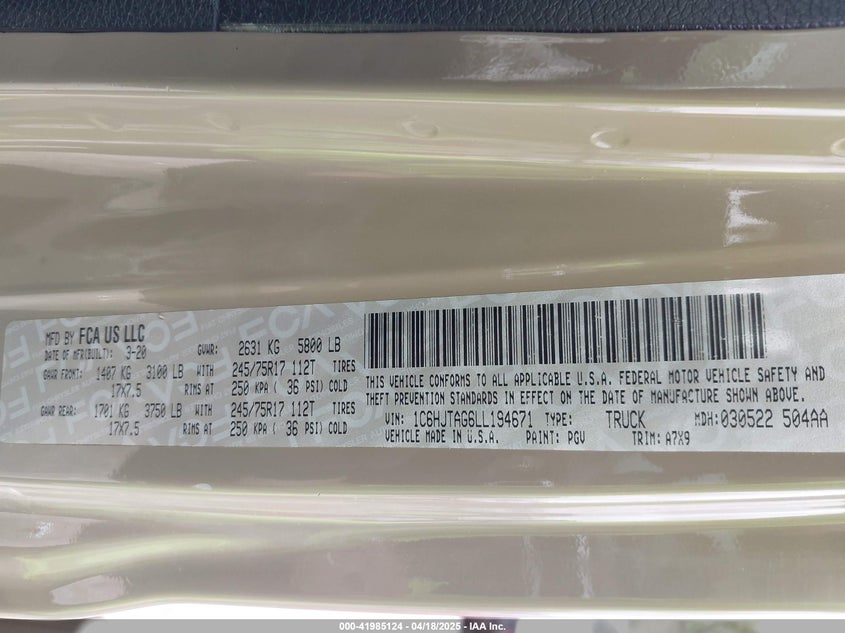 VIN 1C6HJTAG6LL194671 2020 JEEP GLADIATOR SPORT S 4X4