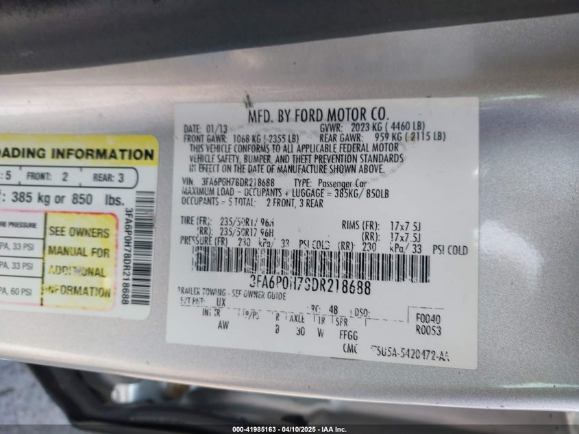 2013 FORD FUSION VIN: 3FA6P0H78DR218688