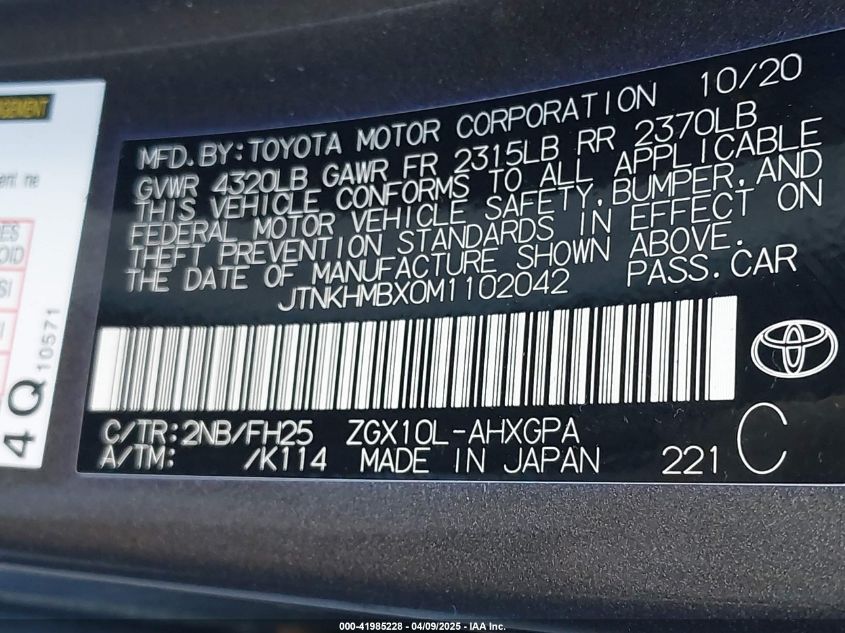 2021 Toyota C-Hr Nightshade Edition VIN: JTNKHMBX0M1102042 Lot: 41985228