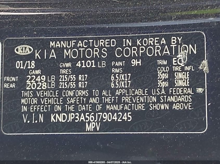 2018 Kia Soul + VIN: KNDJP3A56J7904245 Lot: 41985285