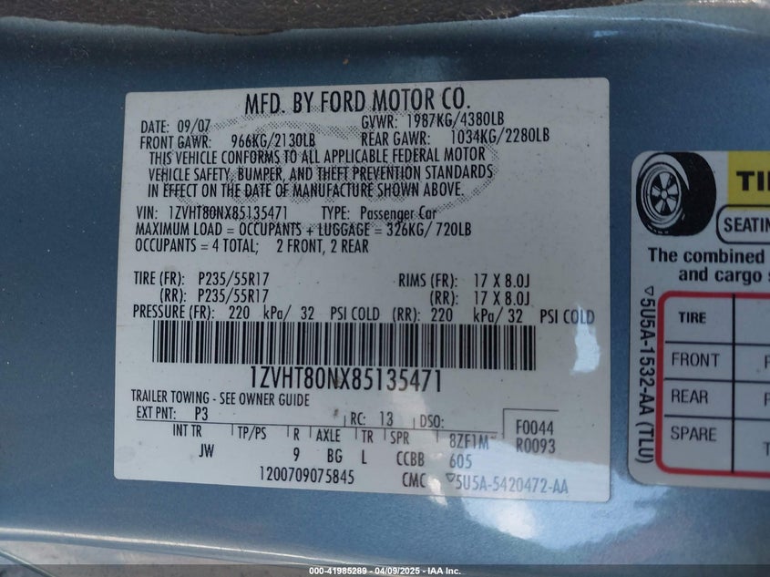 2008 FORD MUSTANG VIN: 1ZVHT80NX85135471