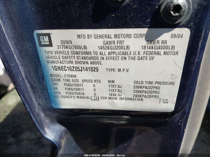 2005 Chevrolet Suburban Lt VIN: 1GNEC16Z05J141829 Lot: 41985299