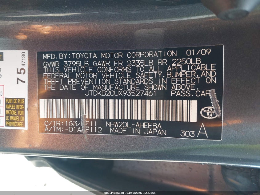 2009 TOYOTA PRIUS VIN: JTDKB20UX93527461