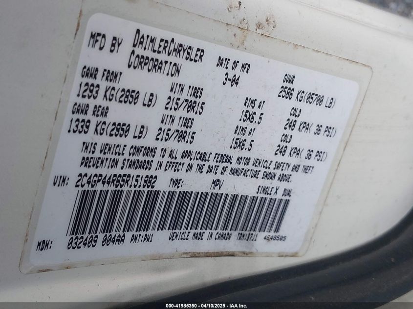 2005 Chrysler Town & Country Lx VIN: 2C4GP44R65R151982 Lot: 41985350