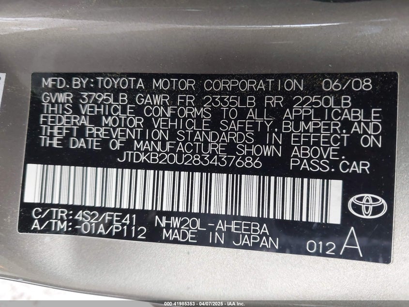2008 TOYOTA PRIUS VIN: JTDKB20U283437686