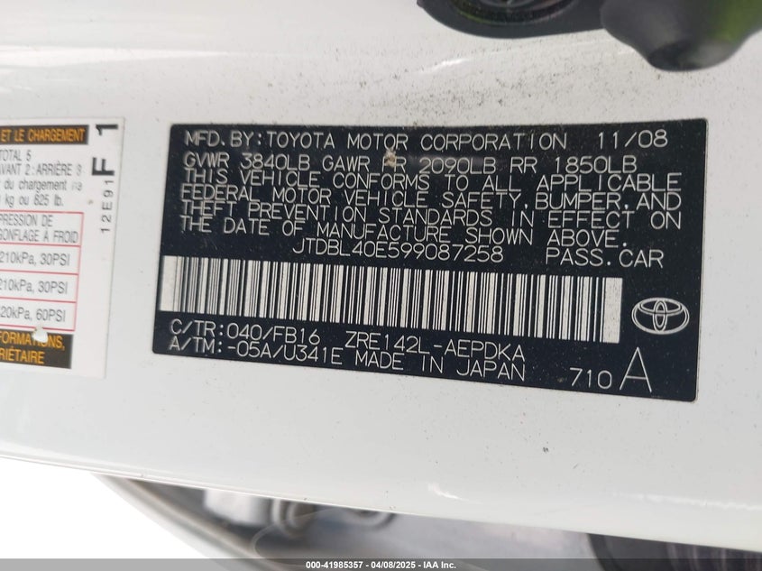 2009 TOYOTA COROLLA VIN: JTDBL40E599087258