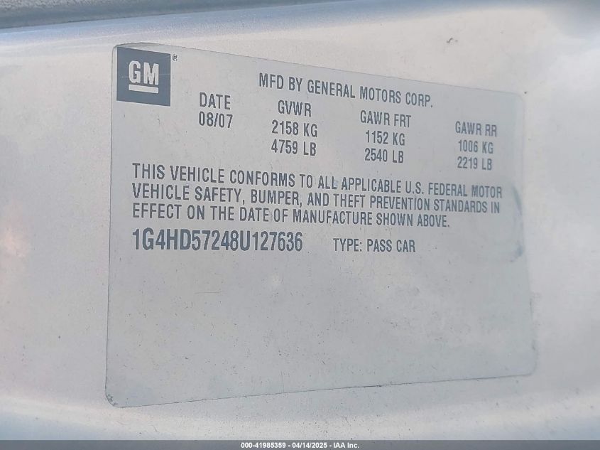 2008 Buick Lucerne Cxl VIN: 1G4HD57248U127636 Lot: 41985359