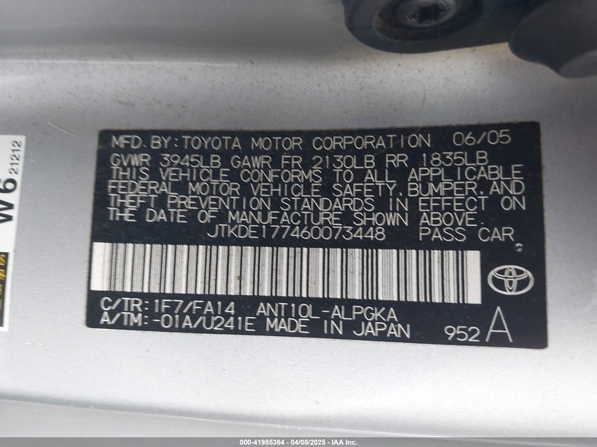 2006 SCION TC VIN: JTKDE177460073448