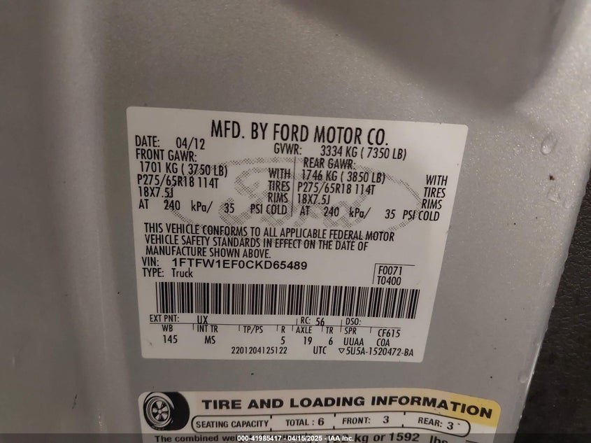 2012 FORD F-150 VIN: 1FTFW1EF0CKD65489