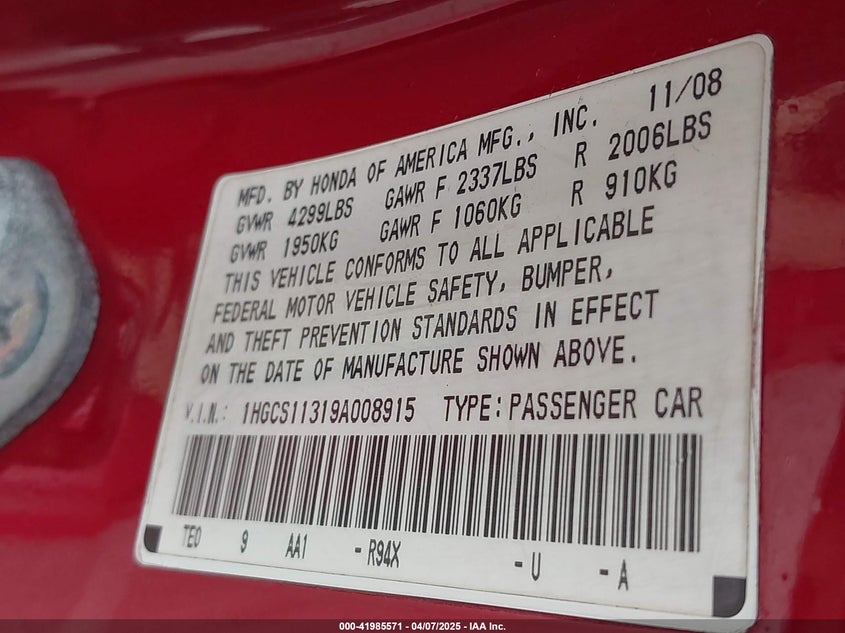 2009 HONDA ACCORD CPE VIN: 1HGCS11319A008915