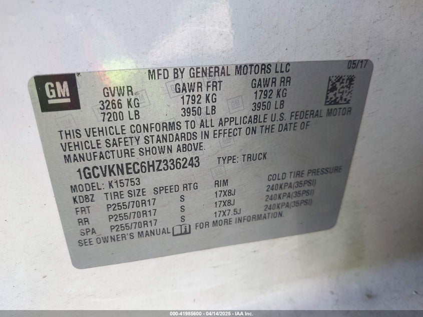 2017 CHEVROLET SILVERADO 1500 VIN: 1GCVKNEC6HZ336243