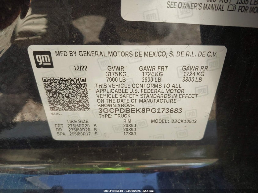 2023 CHEVROLET SILVERADO 1500 VIN: 3GCPDBEK8PG173683