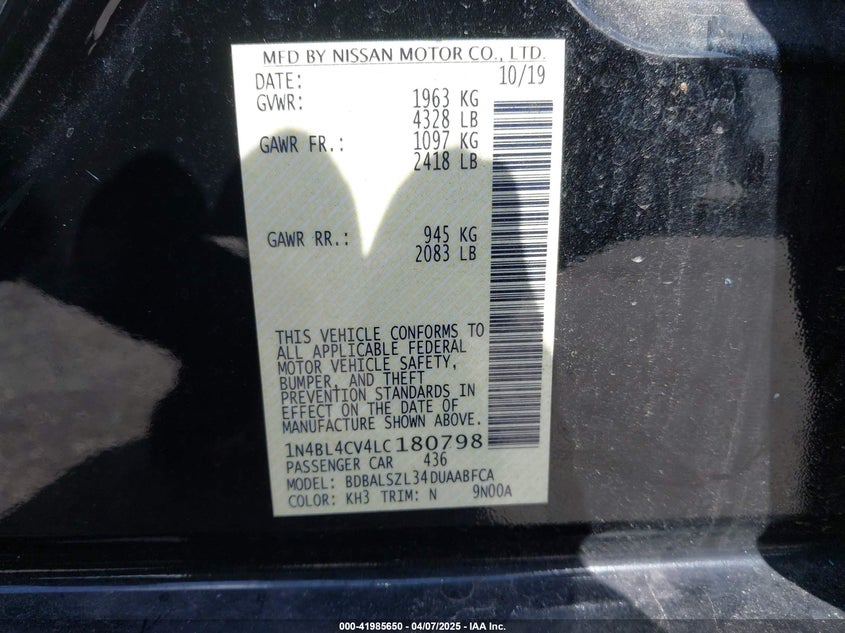 VIN 1N4BL4CV4LC180798 2020 NISSAN ALTIMA SR FWD