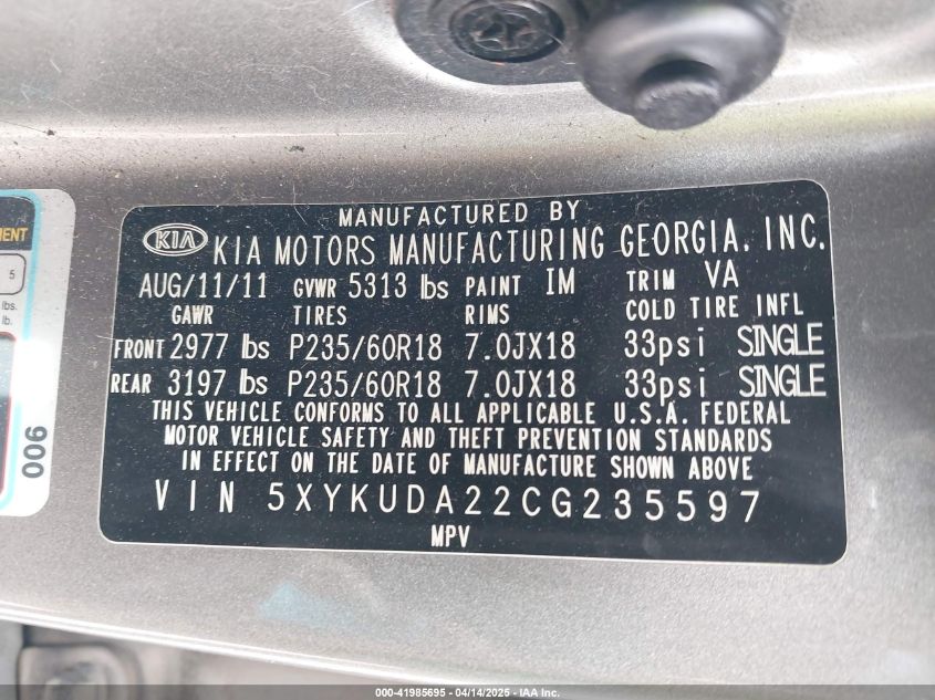 2012 Kia Sorento Ex V6 VIN: 5XYKUDA22CG235597 Lot: 41985695