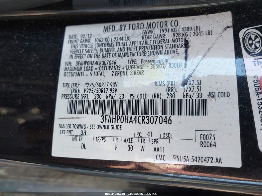 2012 FORD FUSION VIN: 3FAHP0HA4CR307046