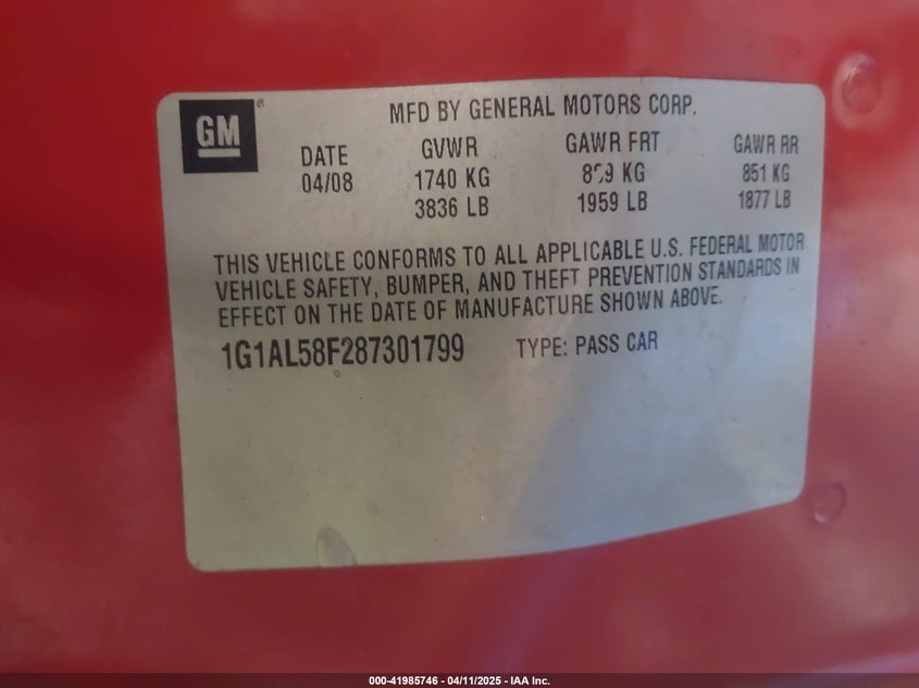 2008 Chevrolet Cobalt Lt VIN: 1G1AL58F287301799 Lot: 41985746
