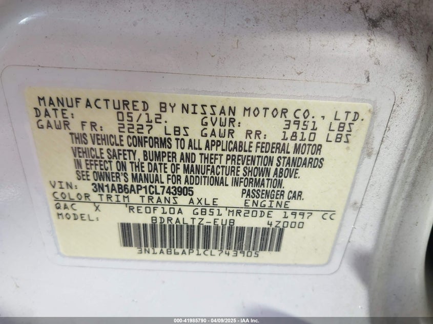 2012 NISSAN SENTRA VIN: 3N1AB6AP1CL743905
