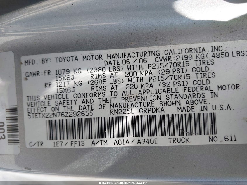 2006 TOYOTA TACOMA VIN: 5TETX22N76Z292655
