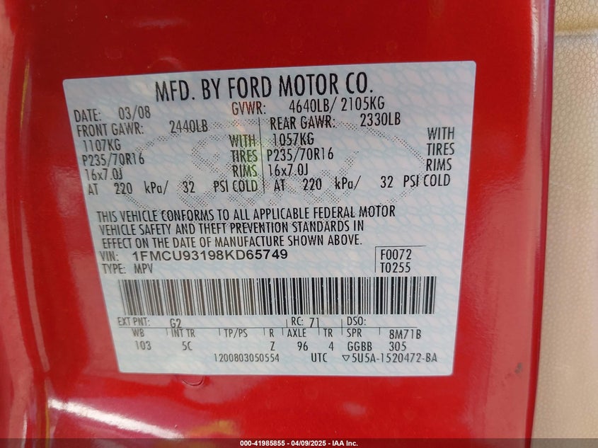 2008 FORD ESCAPE VIN: 1FMCU93198KD65749