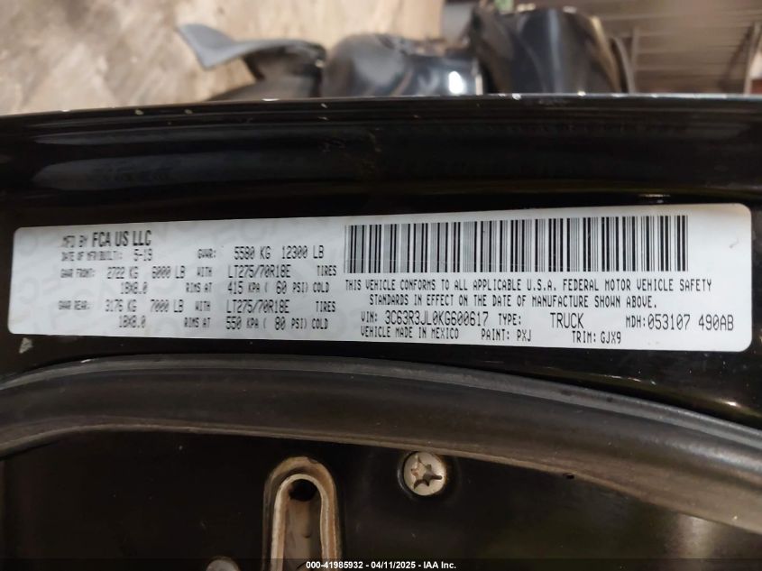 2019 Ram 3500 VIN: 3C63R3JL0KG600617 Lot: 41985932