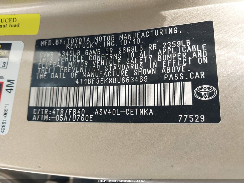 2011 TOYOTA CAMRY VIN: 4T1BF3EK8BU663469
