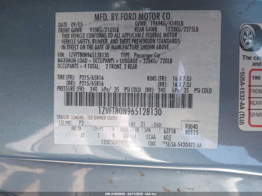 2006 FORD MUSTANG VIN: 1ZVFT80N965128130