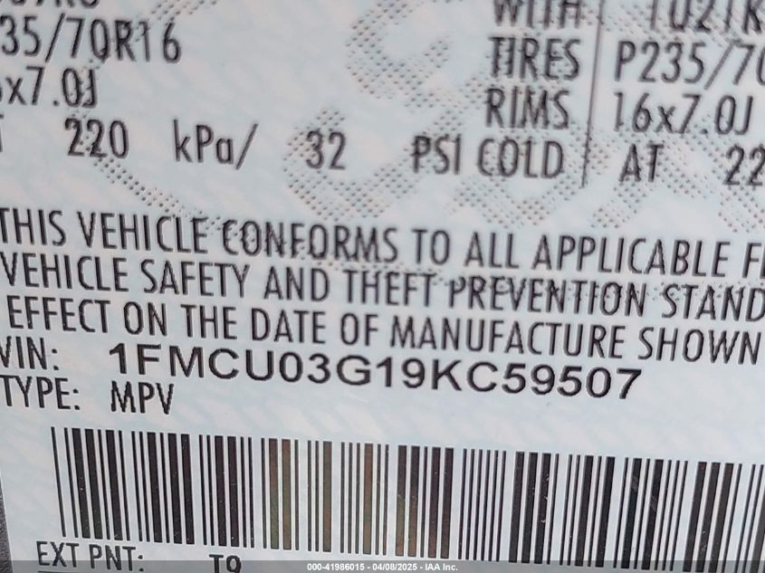 2009 Ford Escape Xlt VIN: 1FMCU03G19KC59507 Lot: 41986015