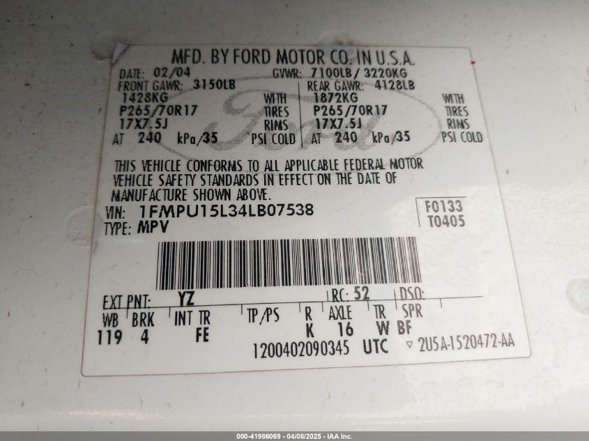 2004 Ford Expedition Xlt VIN: 1FMPU15L34LB07538 Lot: 41986069