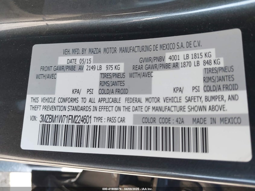 2015 MAZDA MAZDA3 VIN: 3MZBM1W71FM224601
