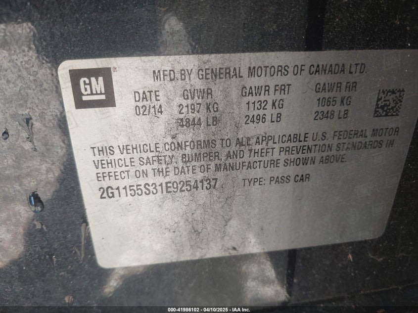 2014 CHEVROLET IMPALA VIN: 2G1155S31E9254137