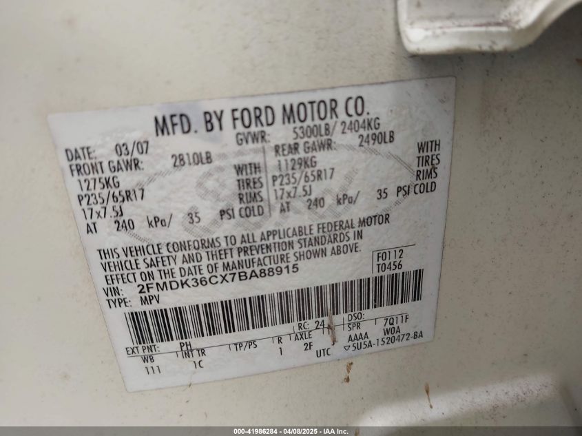 2007 Ford Edge Sel VIN: 2FMDK38CX7BA88915 Lot: 41986284