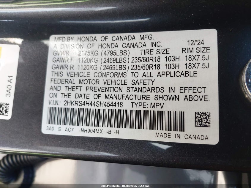 2025 HONDA CR-V VIN: 2HKRS4H44SH454418