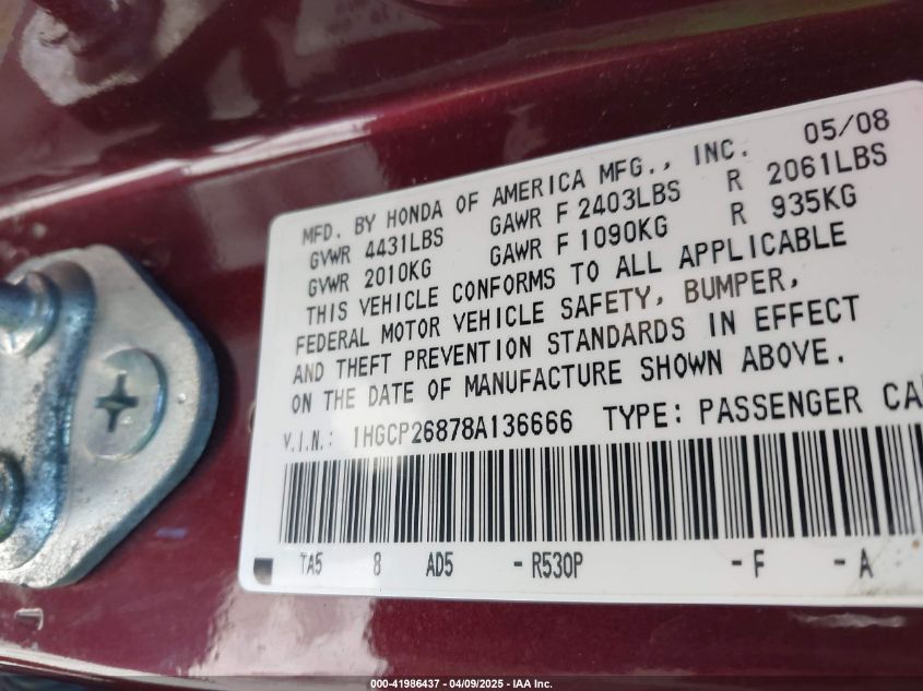 2008 Honda Accord 2.4 Ex-L VIN: 1HGCP26878A136666 Lot: 41986437