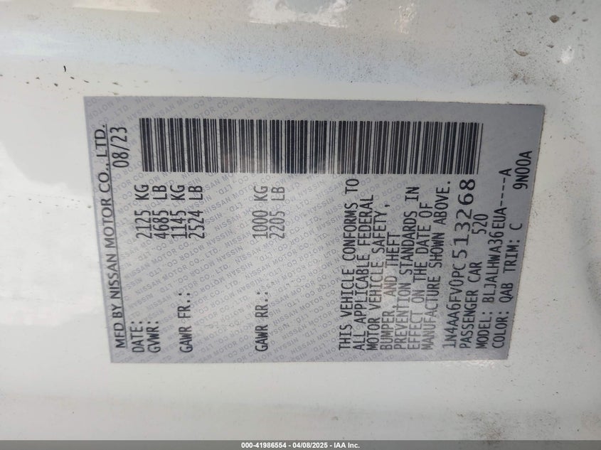 2023 NISSAN MAXIMA VIN: 1N4AA6FV0PC513268