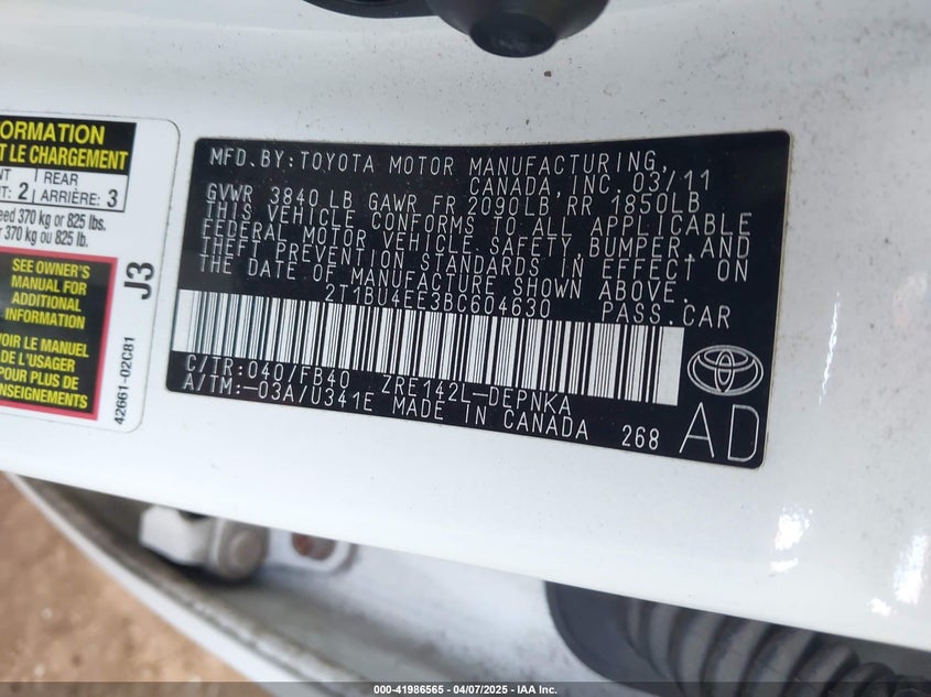 2011 TOYOTA COROLLA VIN: 2T1BU4EE3BC604630