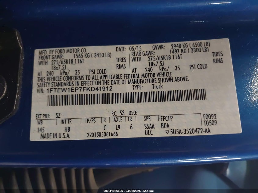 2015 FORD F150 VIN: 1FTEW1EP7FKD41912