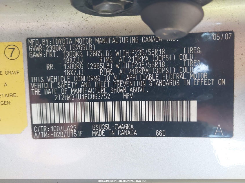 2008 LEXUS RX VIN: 2T2HK31U18C063752