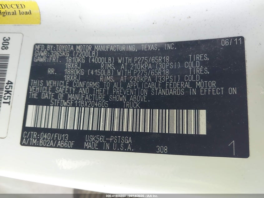 2011 TOYOTA TUNDRA VIN: 5TFDW5F11BX204605