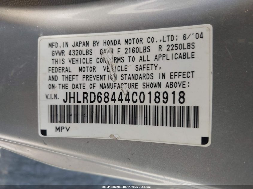 2004 Honda Cr-V Lx VIN: JHLRD68444C01891 Lot: 41986696