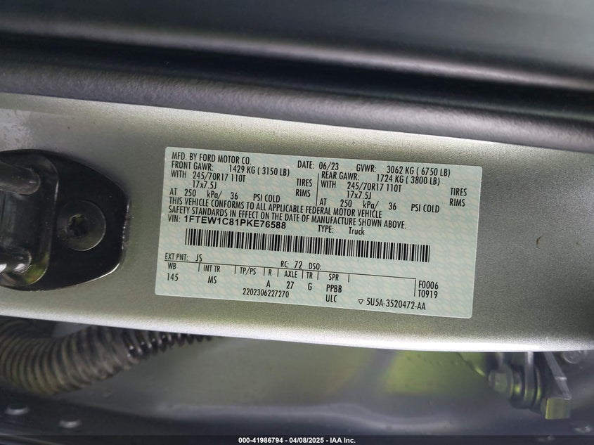2023 FORD F-150 VIN: 1FTEW1C81PKE76588