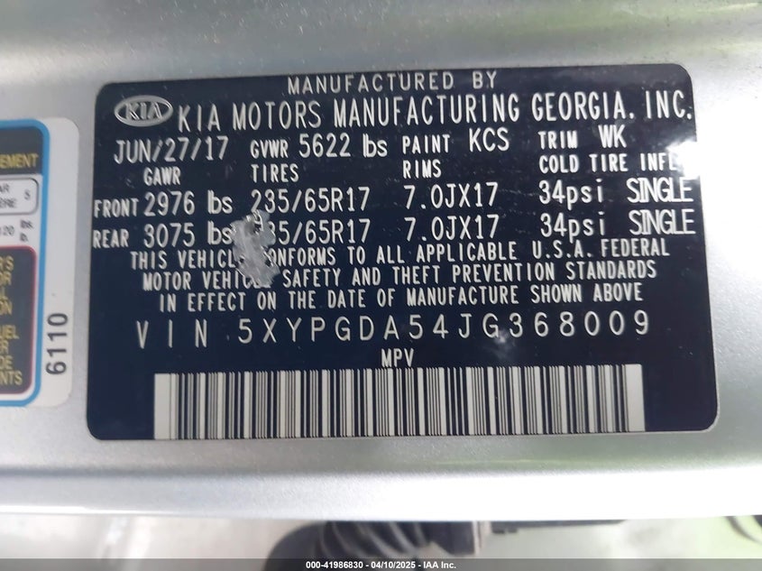 2018 KIA SORENTO VIN: 5XYPGDA54JG368009