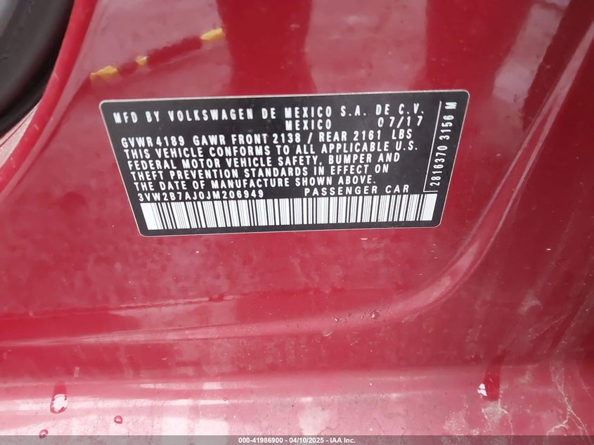 2018 VOLKSWAGEN JETTA VIN: 3VW2B7AJ0JM206949