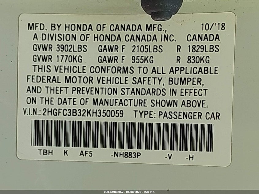 VIN 2HGFC3B32KH350059 2019 HONDA CIVIC EX