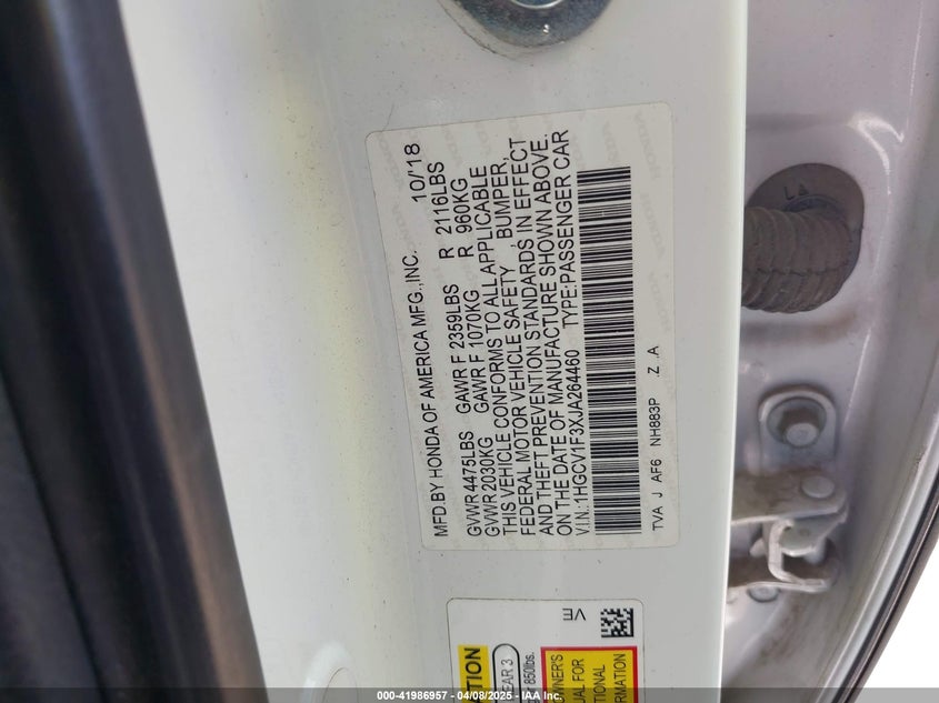 2018 HONDA ACCORD VIN: 1HGCV1F3XJA264460