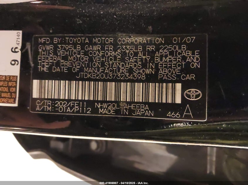 2007 TOYOTA PRIUS VIN: JTDKB20U373234398